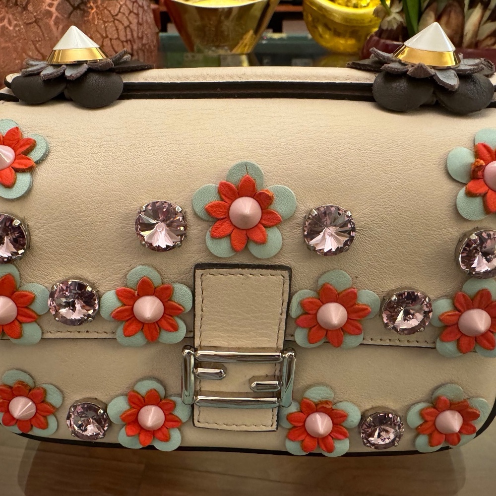 Brand new Fendi Limited Edition Double Baguette Flower Studded Leather Micro